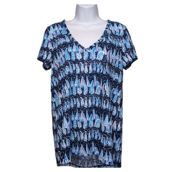 Lilly Pulitzer Etta V-Neck Top Womens S Blue Sails & Stripes T-Shirt Tee NEW NWT - Picture 1 of 14